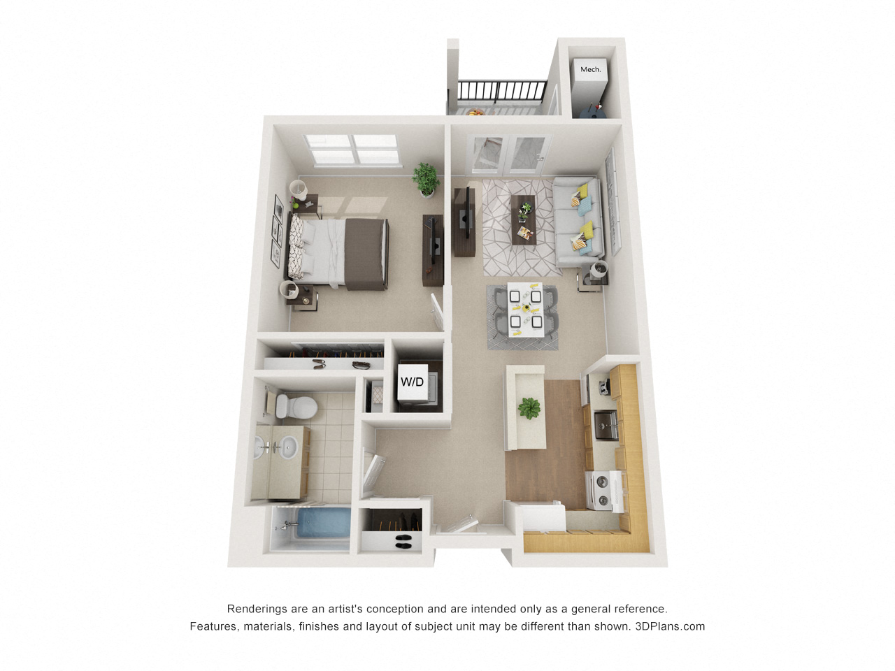 Floor plan for 1 bed, 1 bath, 693 sqft